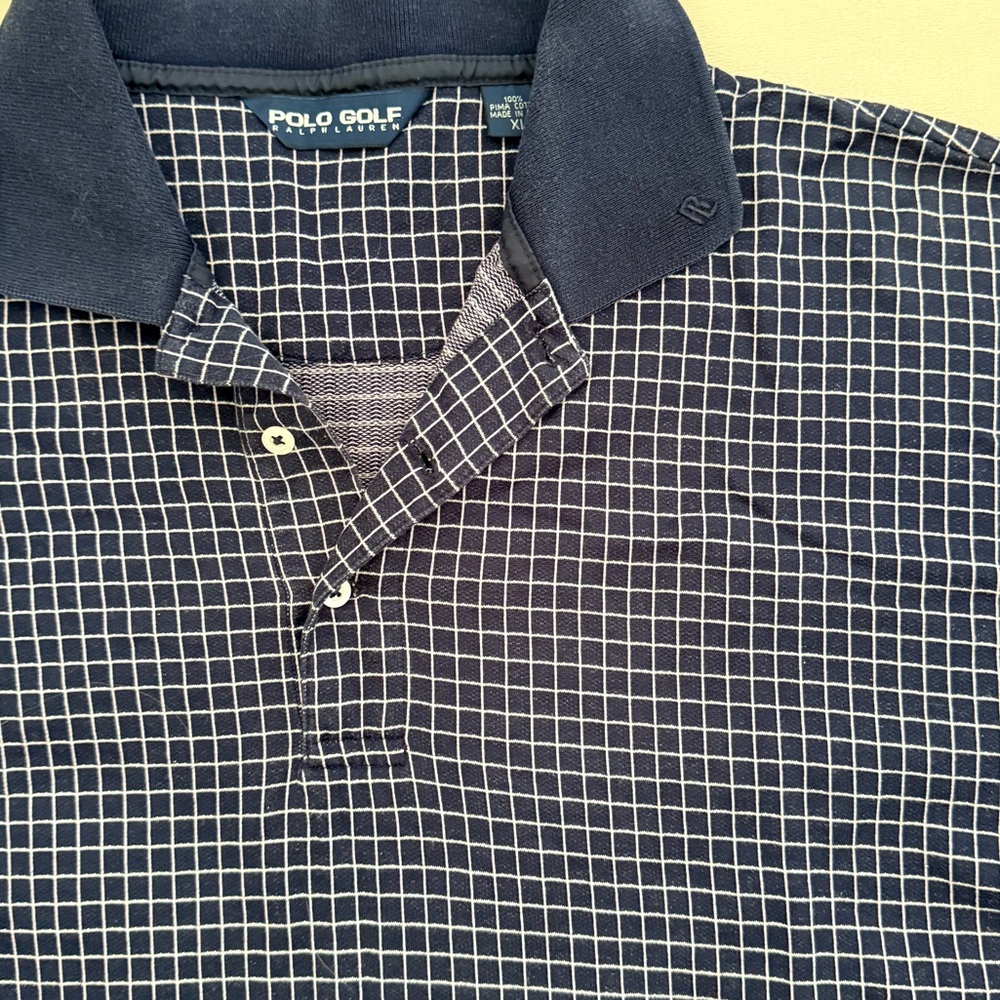 VTG Polo Golf Ralph Lauren Men’s XL Navy Blue White Plaid Check Short Sleeve